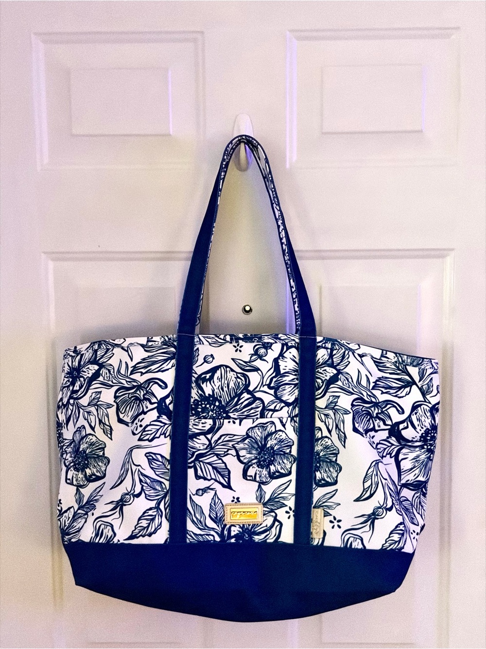 Floral Canvas Tote with Navy Handles